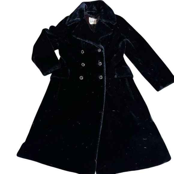 Vintage 60s Borgazia Double Breasted Black Faux Fur Coat w/ Gold Buttons - Picture 9 of 17